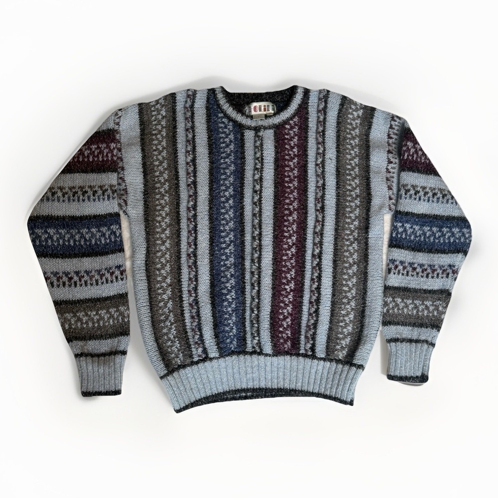 Vintage Folini Wool Blend Grandpa Sweater Multicolor Striped Knit Men's L